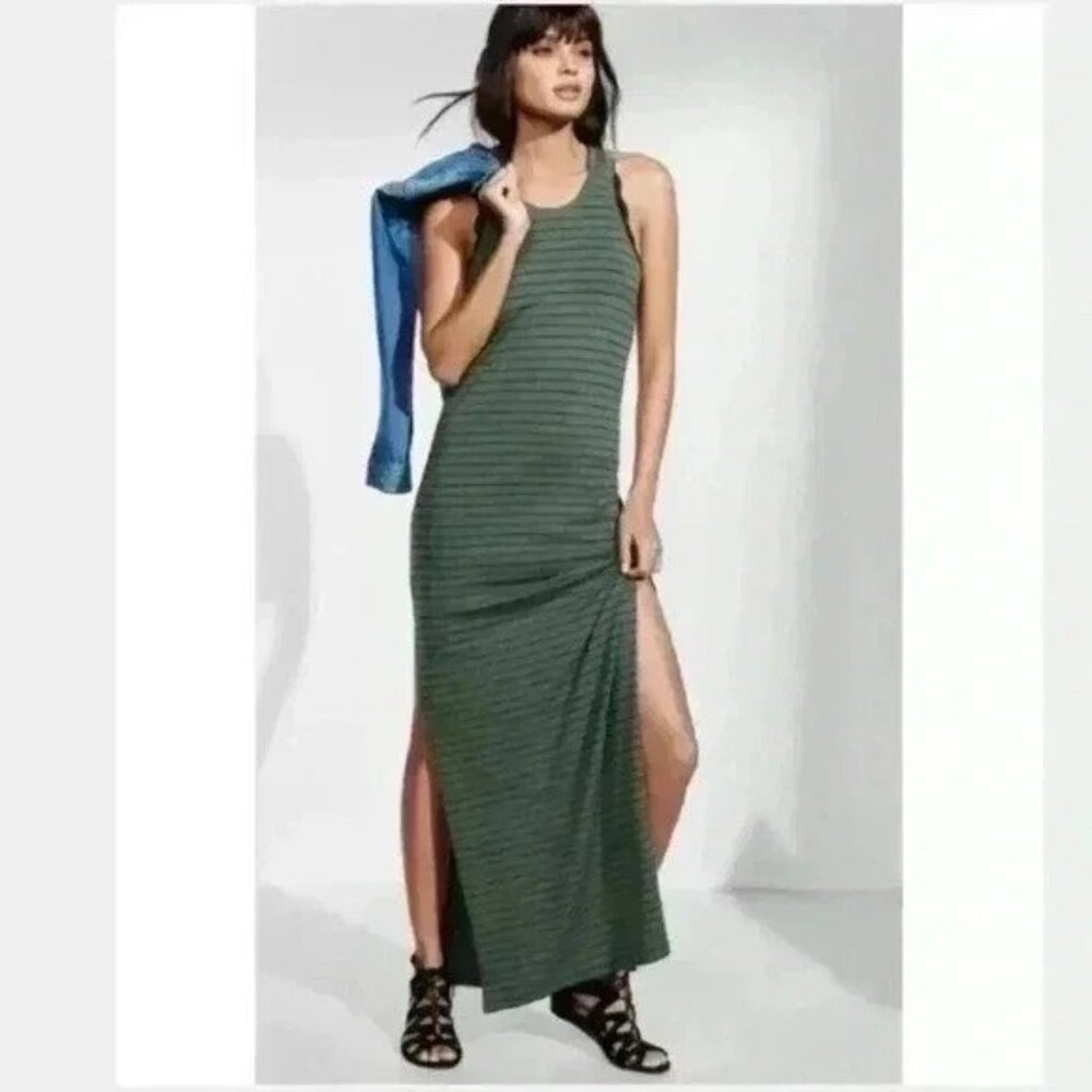 EXPRESS Olive Green and Black Striped Keyhole Maxi Dress with Slits - XS